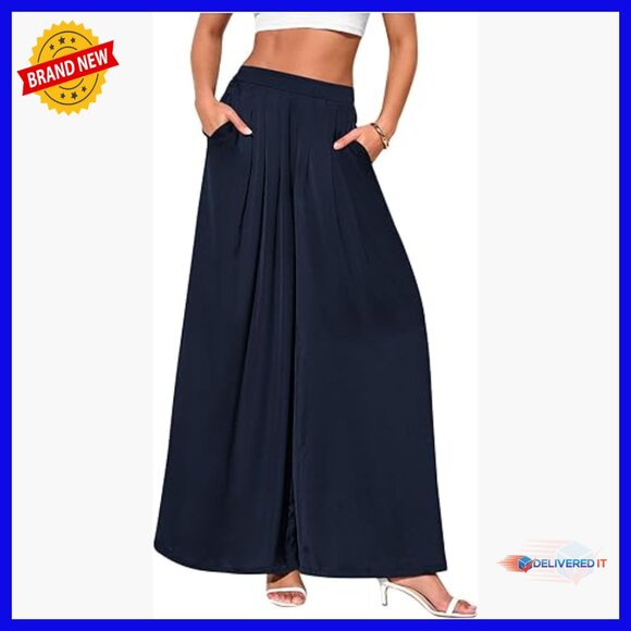 High Waisted Wide Leg Palazzo Pants Flowly Loose Fit Elastic Waist Pockets
